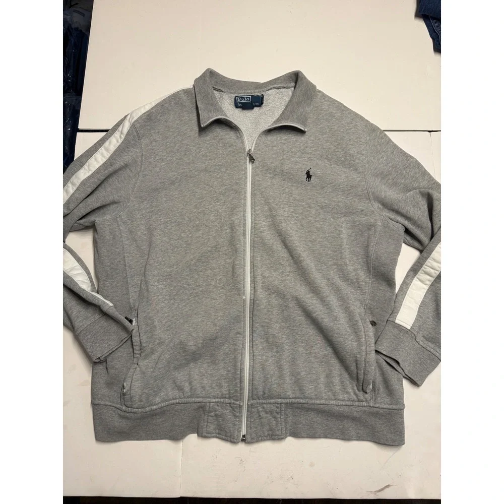 Polo Ralph Lauren Mens XXL Grey Full Zip Track Jacket White Sleeve Stripe Pony